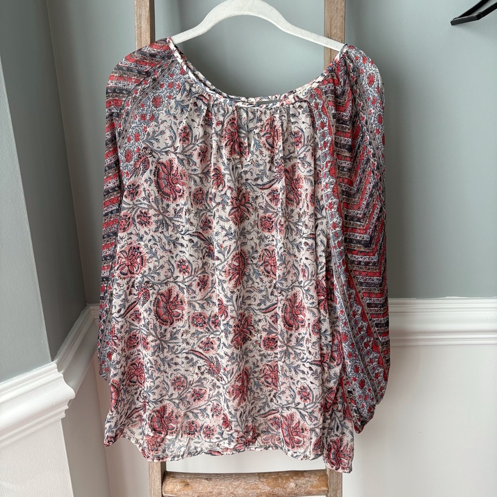 Lucky Brand Red and Gray Paisley Floral Blouse Sheer Size 1X - 1737